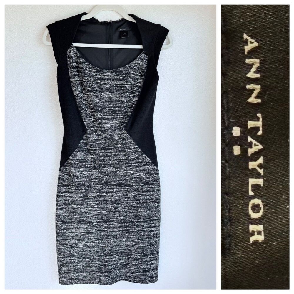 Ann Taylor Silhouette Black & Gray Tweed Knit Jersey Cap Sleeve Sheath Dress 0